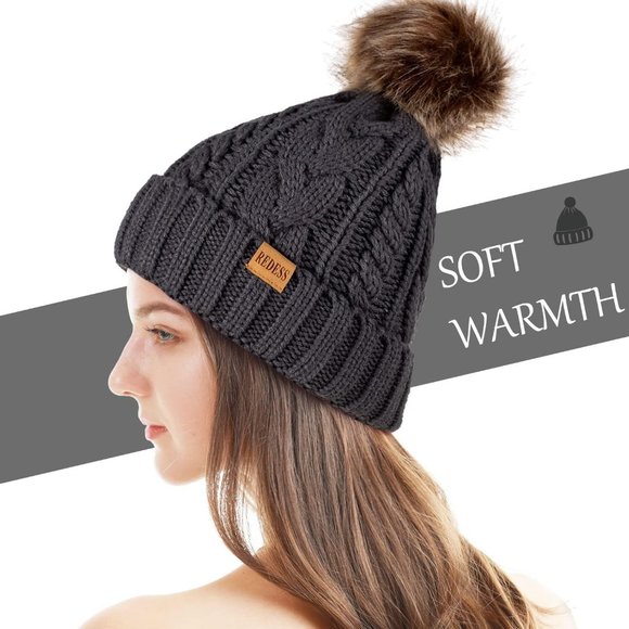 Womens Winter Warm Fleece Lined Knitted Soft Ski Cuff Beanie Hat with Pom Pom - Picture 3 of 6